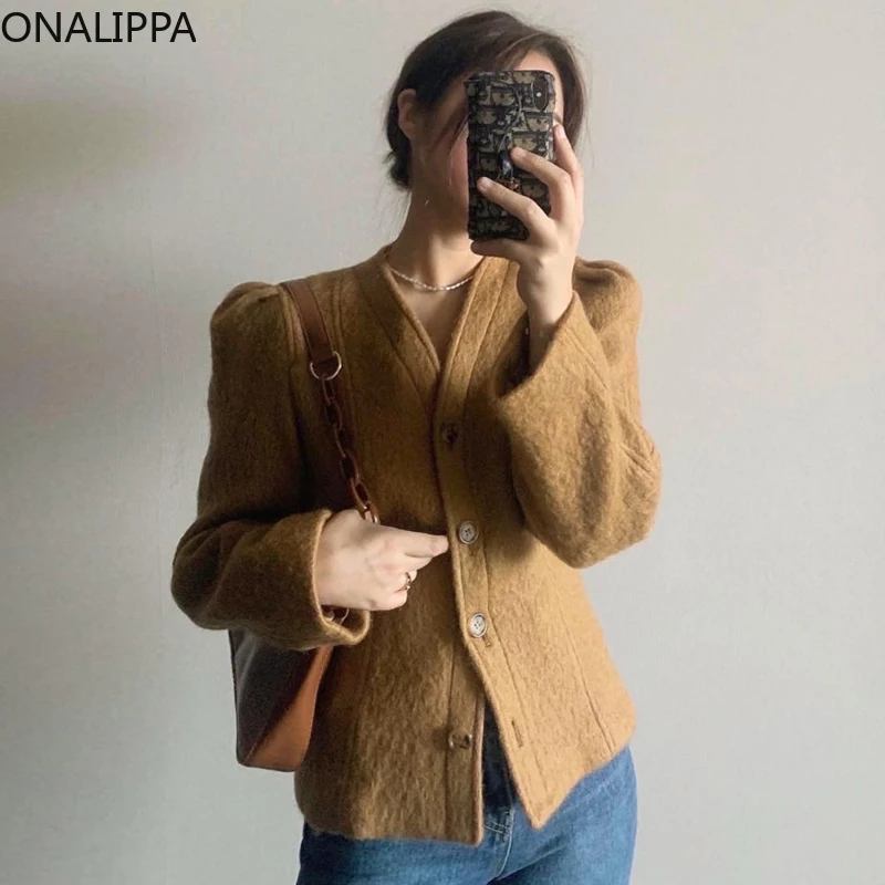 

Onalippa Women 2021 Autumn Winter Retro Temperament Shrug V-Neck Single-Breasted Waisted Thin Long-Sleeved Woolen Short Coat