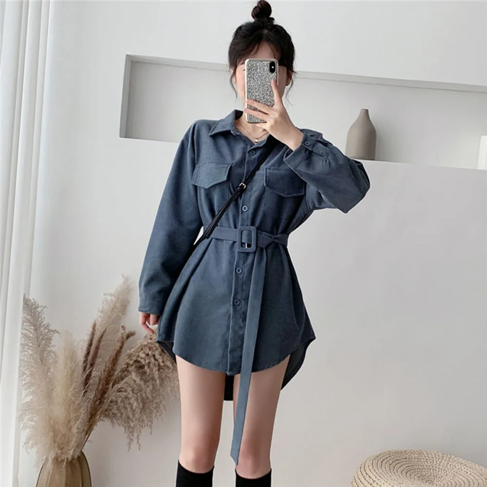 

Corduroy Women 2021 Spring Autumn Shirts Retro Cargo Style Pockets Long-Sleeved Shirt Nipped Waist Tops Female with belt
