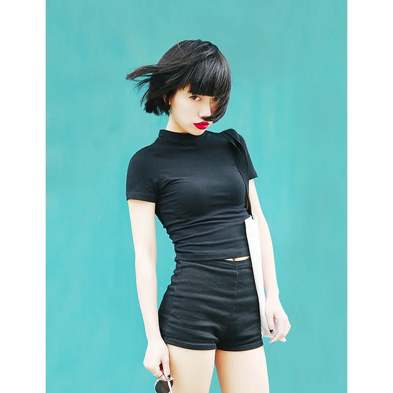 

Summer Super Short Tight Short Sleeve T-shirt Slim with Bottom Shirt Summer High Waist Navel Top Sexy Wear