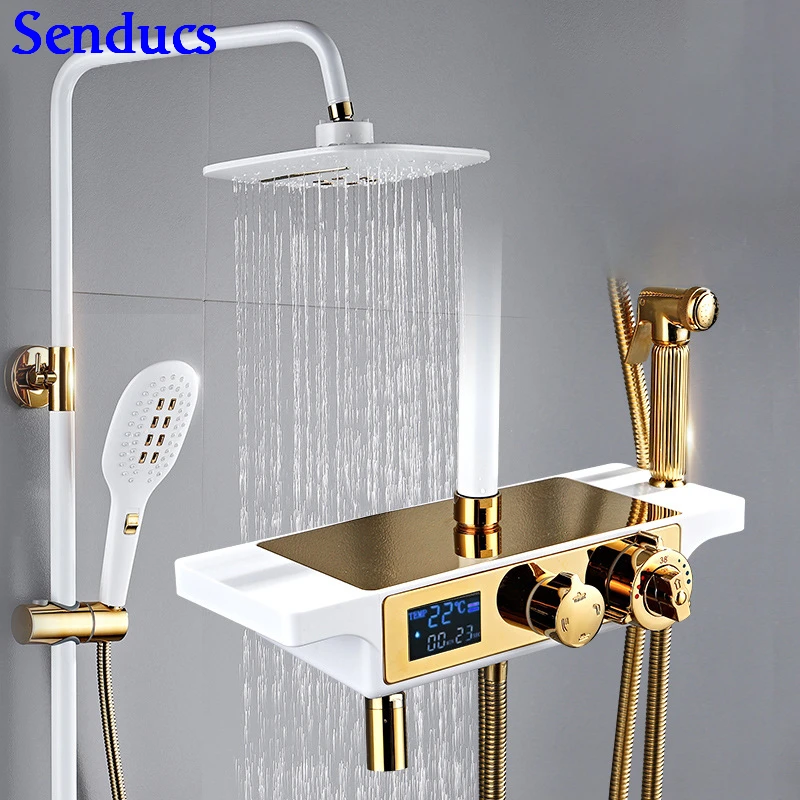 Thermostatic Shower Faucets Senducs Digital Bathroom Set Rainfall Hand Head Luxury White Gold Bath Sets | Обустройство дома