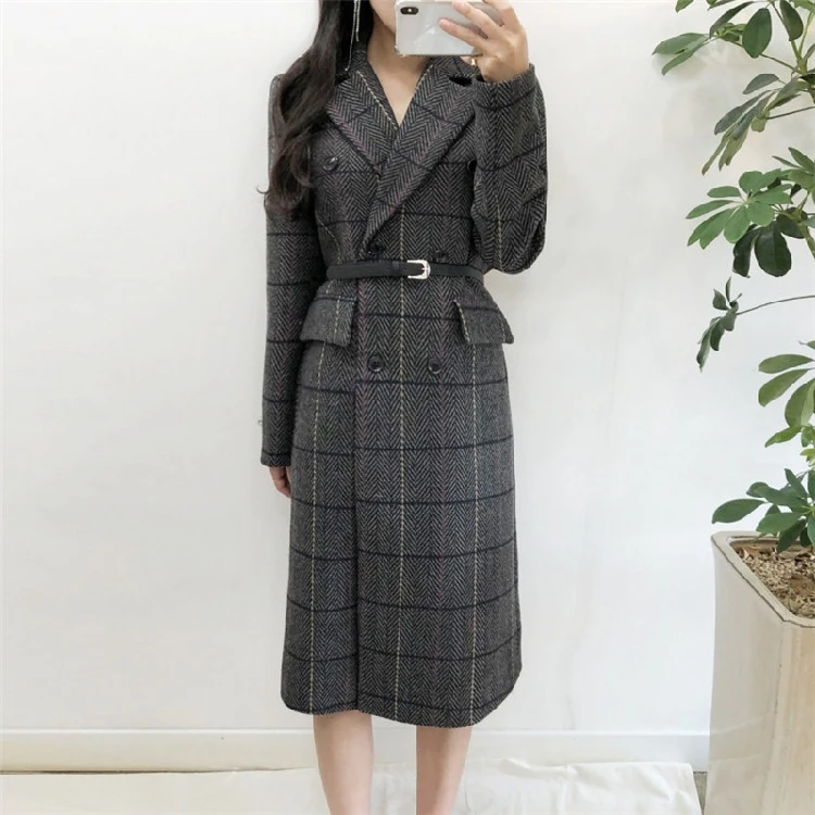 Модное женское осенне-зимнее блестящее пальто женская двубортная клетчатая