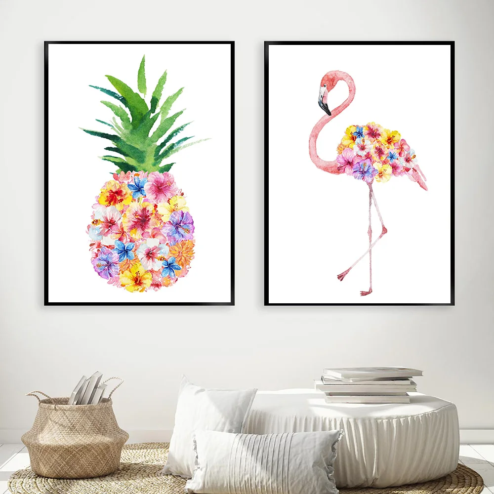 Абстрактный цветок Фламинго ананас Мультяшные плакаты и принты Картина на