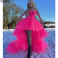 yunuo vestidos hot pink high low prom dress strapless tiered tulle party gowns chic long formal evening dress %d0%b2%d0%b5%d1%87%d0%b5%d1%80%d0%bd%d0%b8%d0%b5 %d0%bf%d0%bb%d0%b0%d1%82%d1%8c%d1%8f
