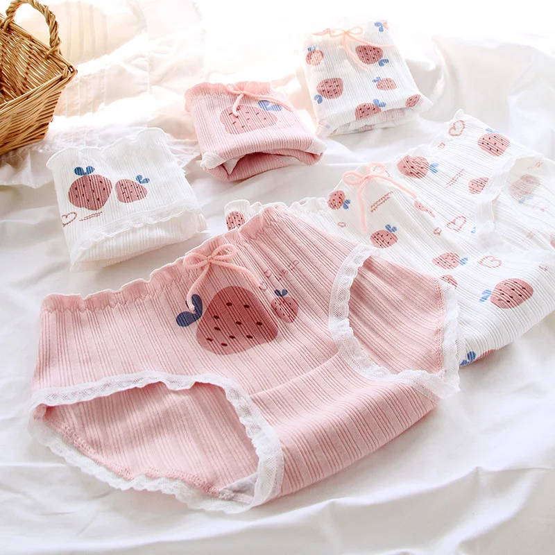 

[DINGDNSHOW] 2021 New Arrival Panties Girls Print Fruit Cotton Briefs Mid Rise Lace Underwear Women Breathable