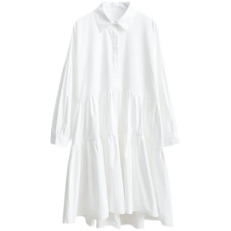 

2021 Women Spring Shirt Dresses Casual Loose High Waist Fashionable Irregular Pleated White Black Dress Turn Down Collar Vestido