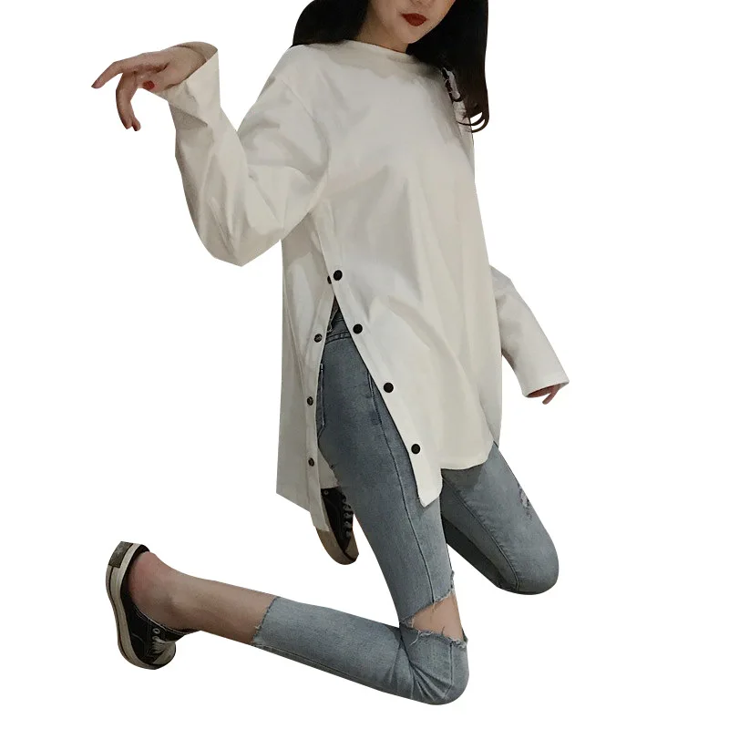 

Autumn Korean Style Internet Celebrity T-shirt Women's Loose Student Split Solid Color Long Sleeve Top 2021