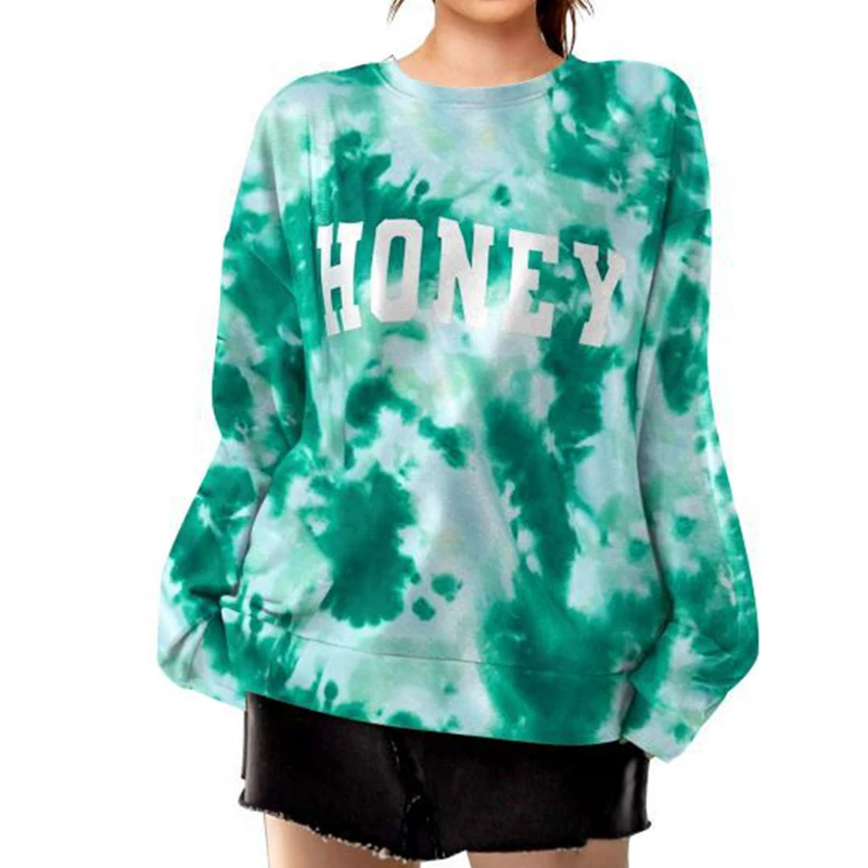 

Green Tie Dye Letter Printing Sweatshirt Women Long Sleeve Casual Streetwear Pullover Thin Autumn Graphic Hoodies England Style
