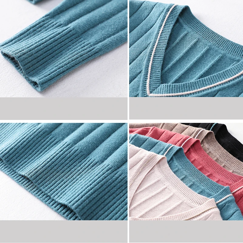 

Spring Long Sleeve V-Neck Solid Color Sweater Women Casual Elastic Stripe Loose Pullovers Korean Fashion Elastic Knitted Tops