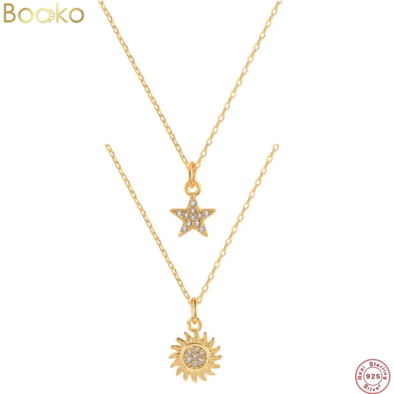 

BOAKO Real 925 Sterling Silver Female Sun Flower Pentagram Pendants CZ Retro Pendant Necklaces For Women Wedding Fine Jewelry