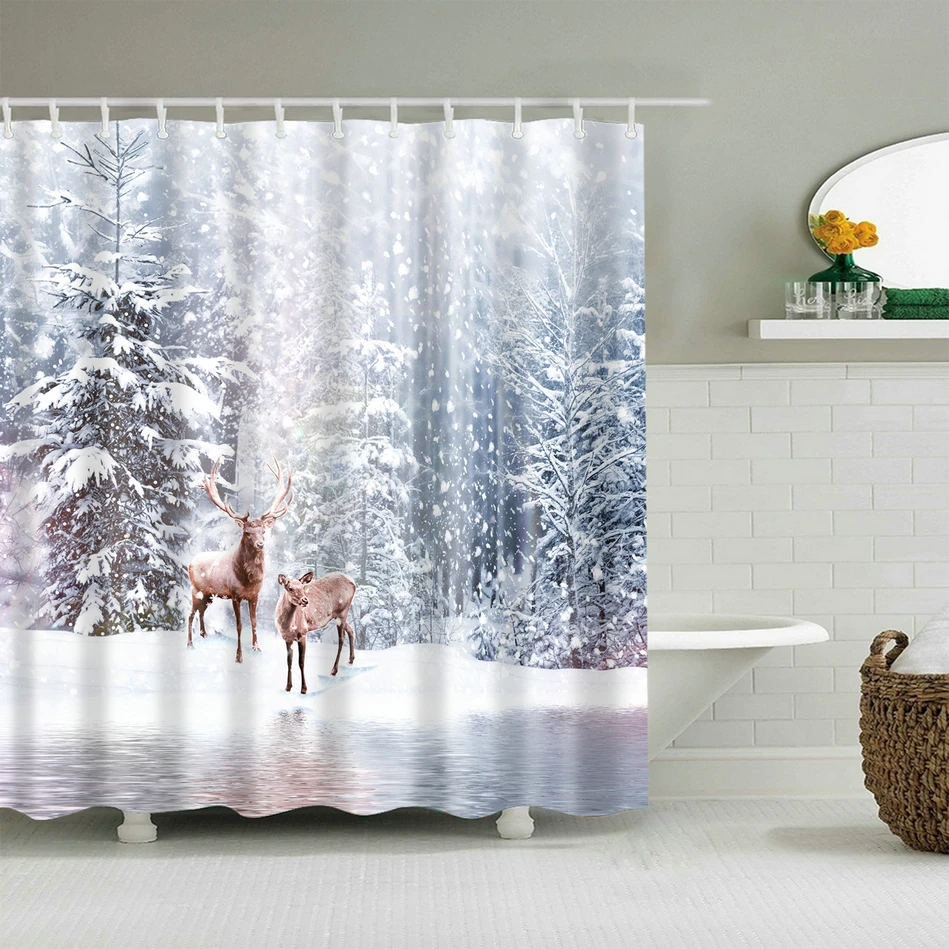 

Elk in Snowy Winter Forest Animal Shower Curtain Bath Accessories with 12 Hooks Waterproof Polyester Fabric Bathroom Decor