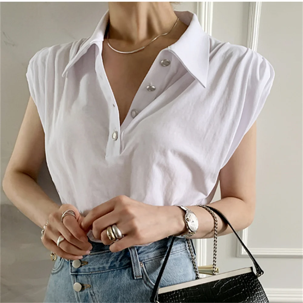 

HziriP Sleeveless Lapel Cotton T-Shirts High Quality Streetwear Solid 2021 New OL Summer All Match Loose Fashion Women Tops