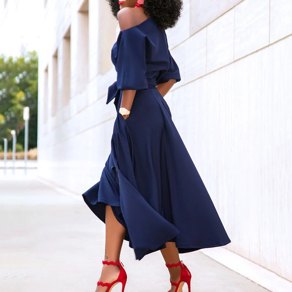 

2021 Summer New European Style Women's Dress Oversize Fashion Temperament One Shoulder Lace Solid Color High Waist