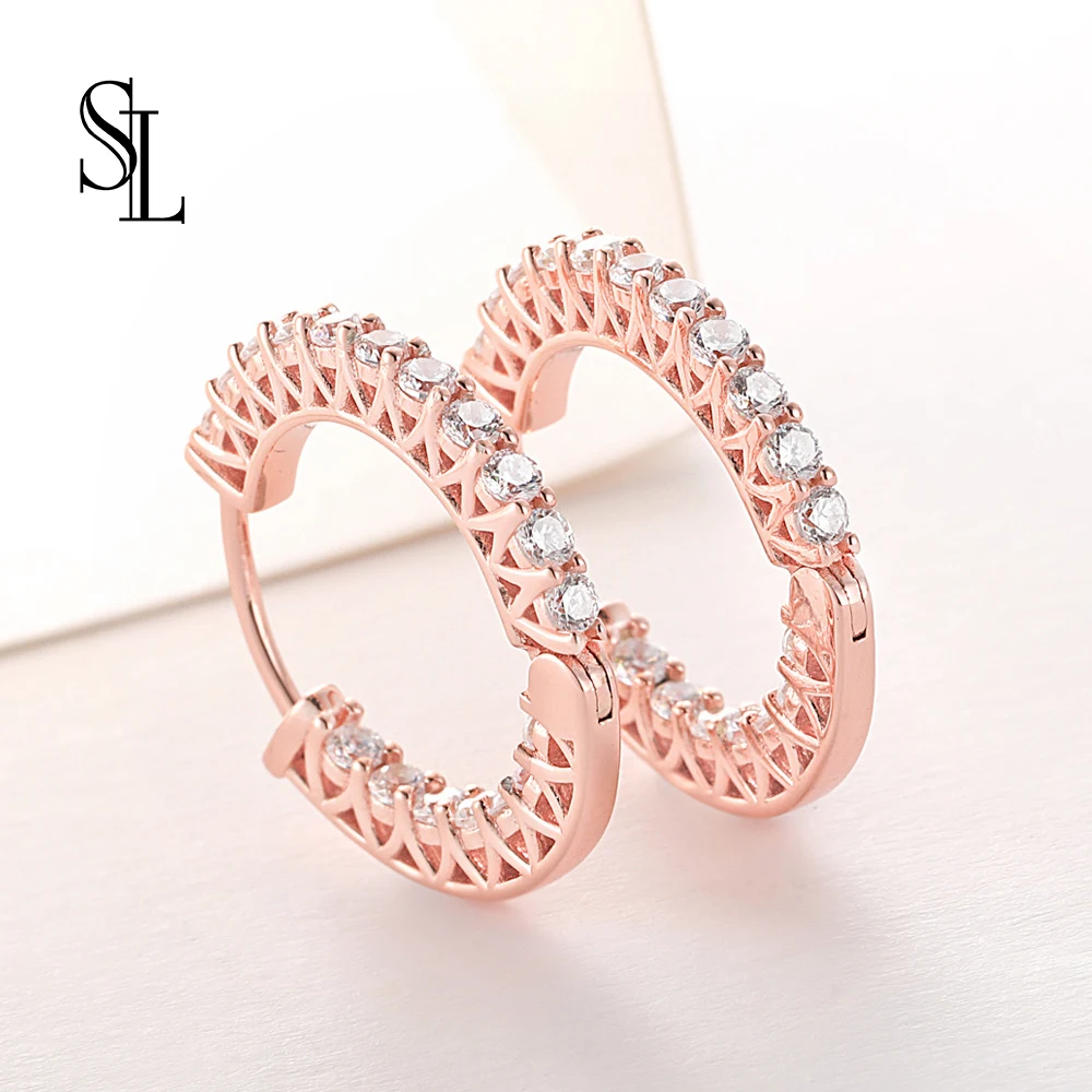 SL серьги Клипсы из розового золота Аутентичные с цирконием AAA для женщин