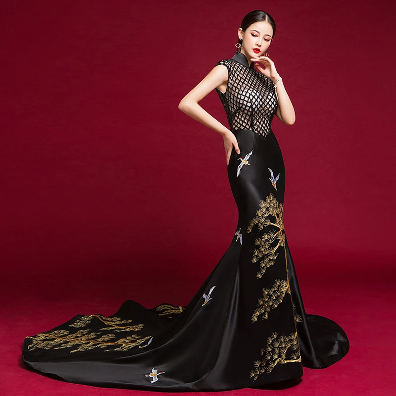 Черный Русалка в китайском стиле вечернее платье Элегантная вышивка