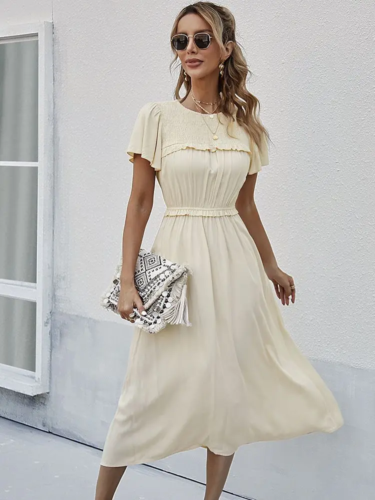 

Женское праздничное платье с коротким рукавом, повседневное длинное праздничное платье макси в стиле бохо с круглым вырезом и высокой тали...