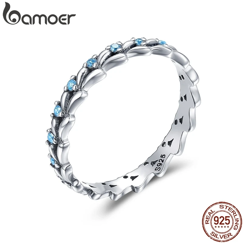BAMOER Real 100% 925 Sterling Silver Stackable Ring Wheat Wave & Clear CZ Finger Rings for Women Sterling Silver Jewelry SCR162
