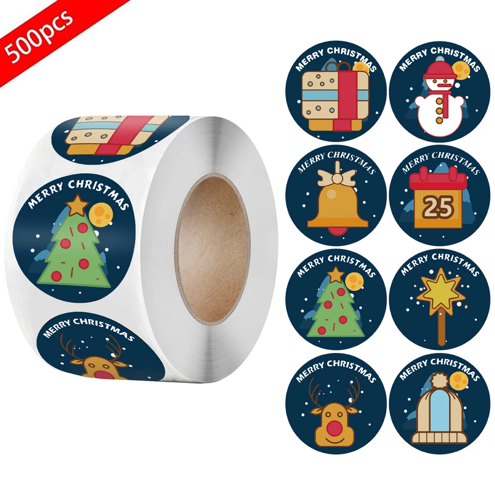

500Pcs/Roll Round Merry Christmas Stickers 1inch Christmas Party Decorations Wrapping Gift Box Label Christmas Cartoon Stickers