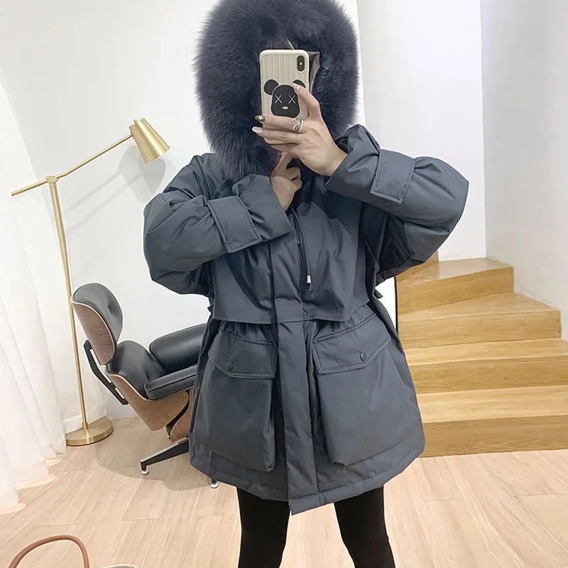 Женский пуховик с воротником из натурального Лисьего меха свободная парка