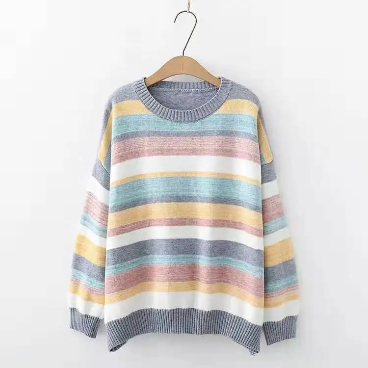 

Women Striped Pullover Sweaters Autumn Winter Candy Color Rainbow Jumpers Knitwear High Street Chic Sweaters pull femme