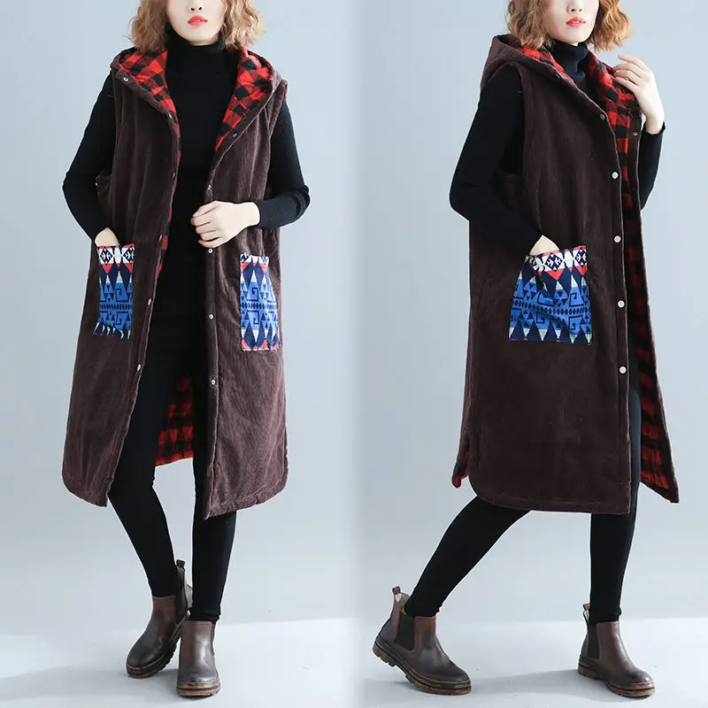 Женская винтажная Вельветовая куртка без рукавов Свободный Длинный Облегающий