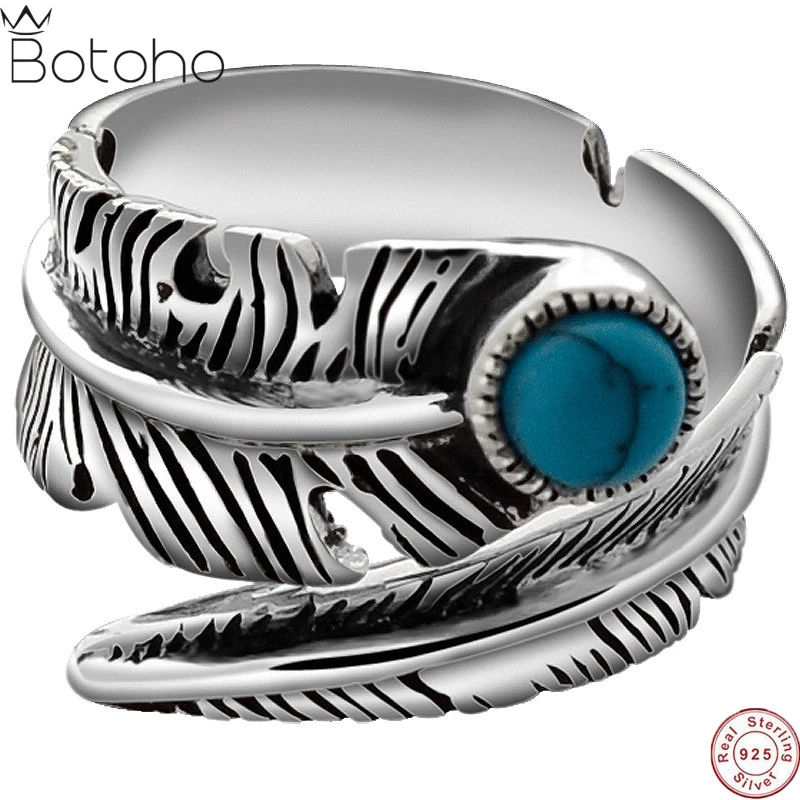 

Real 925 Sterling Silver Rings For Men And Women Vintage Feather Ring With Artificial Turquoise Jewelry Adjustable Opening Type