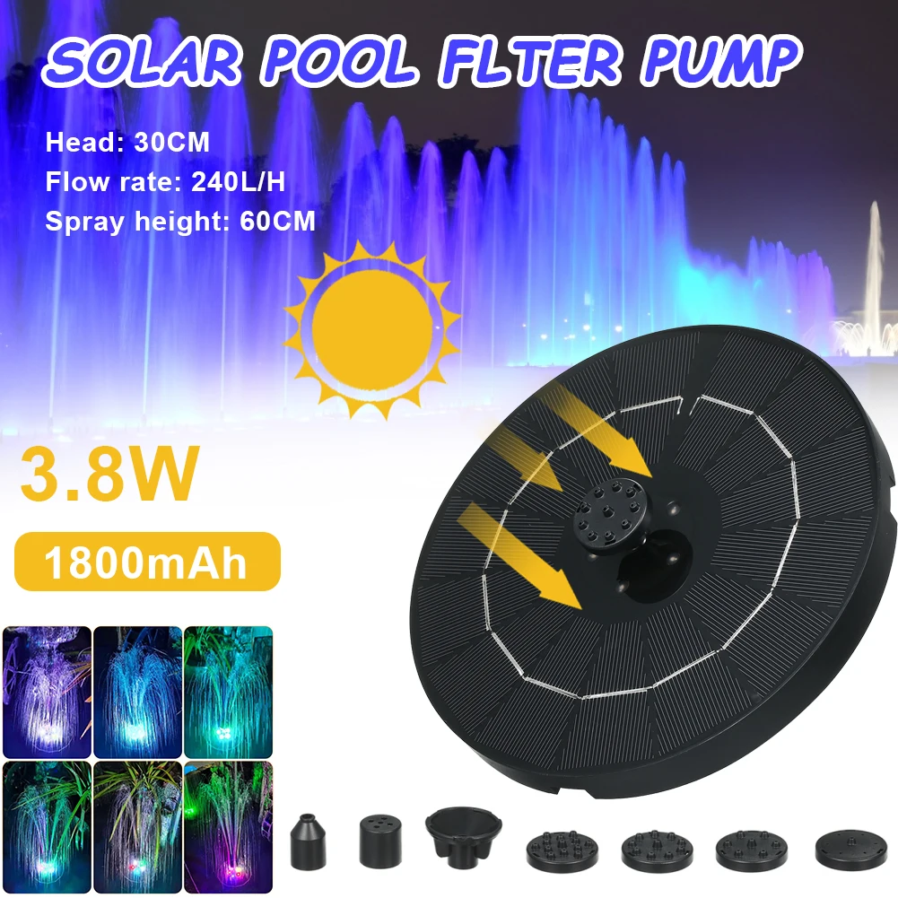 

3.8W Solar Fountain with Lights Color Changing Fountains Pump 6 Nozzles for Bird Bath Pond Pool Fish Tank