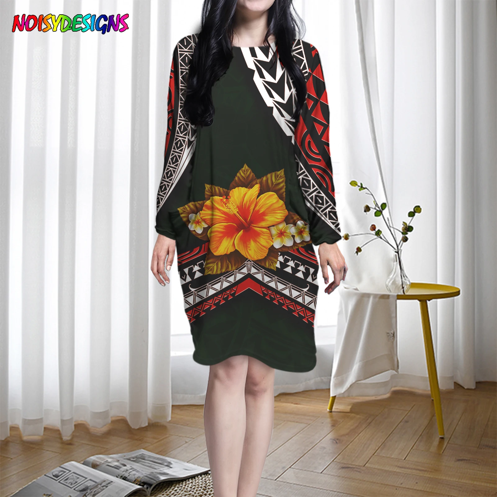 

NOISYDESIGNS Vintage Women Dress Polynesian Tribal Samoa Floral Print Pocket New Casual Loose Dresses Fall Clothes Women Dress