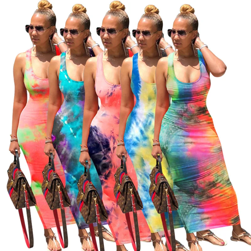 

Fashion Tie-dye back tie dress Backless Sleeveless Sexy Dresses Bottom Length Adjustable Ladies Casual Dress Women's dress