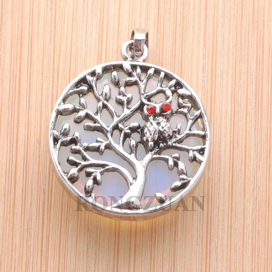 Натуральный белый Опаловый камень древнее серебро полый древо жизни круглые