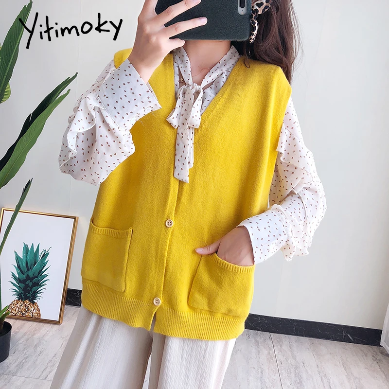 Желтый свитер жилет женский кардиган без рукавов 2019 Модный однобортный