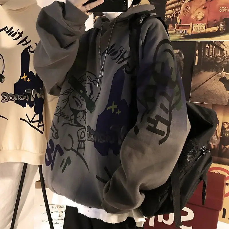 

Graffiti hooded sweatshirts men oversized hoodie autumn winter high street hip-hop style loose plus velvet couple sweatershit