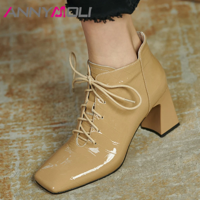 

ANNYMOLI Genuine Leather Shoes Women Winter Ankle Boots Block High Heel Short Boots Square Toe Lace Up Ladies Boots Black 39 New