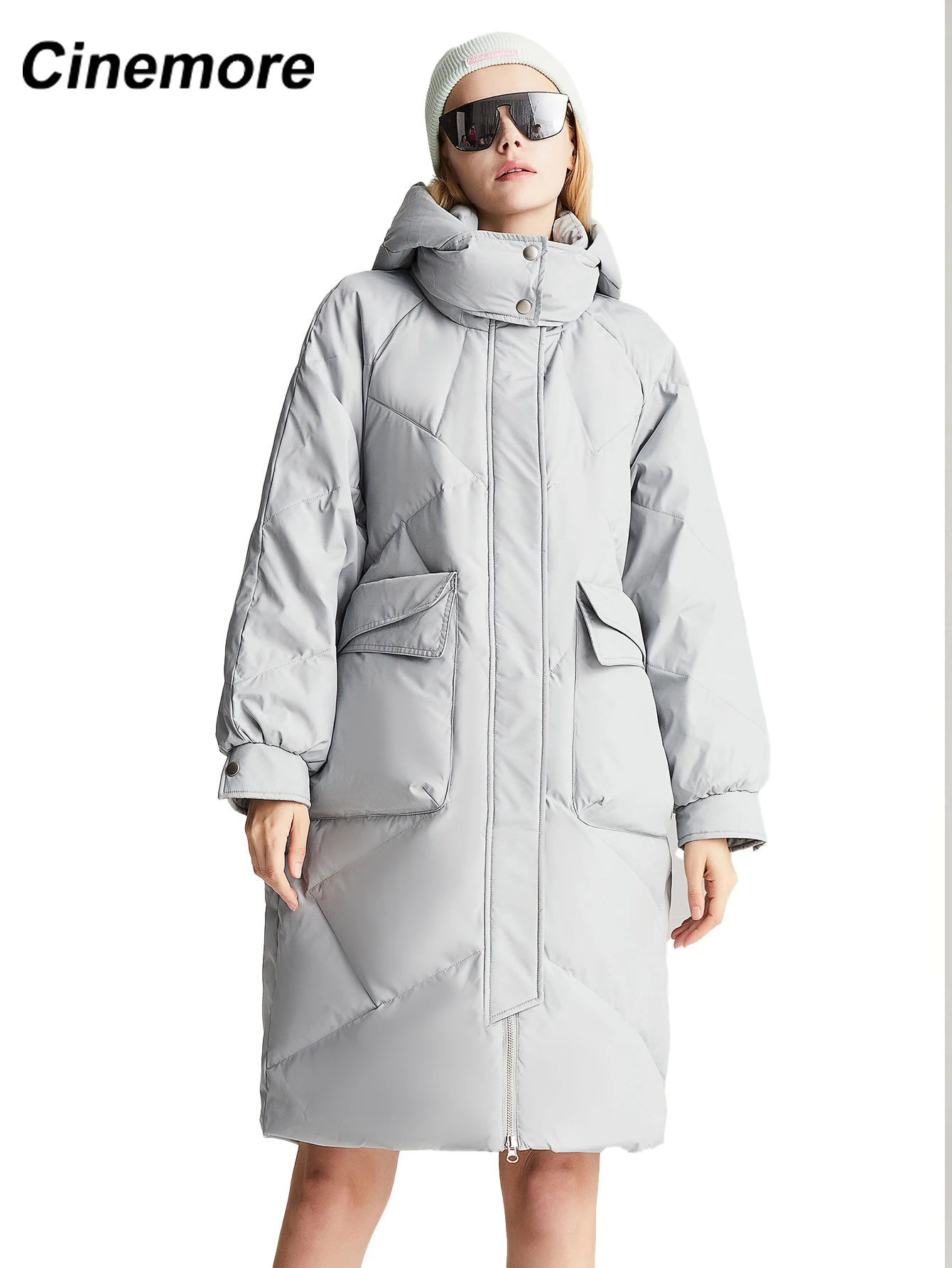 

Cinemore new Women's down jacket long Big pocket Loose 90% white down jackets Casual Simple fashion quality ladies outwear 1019
