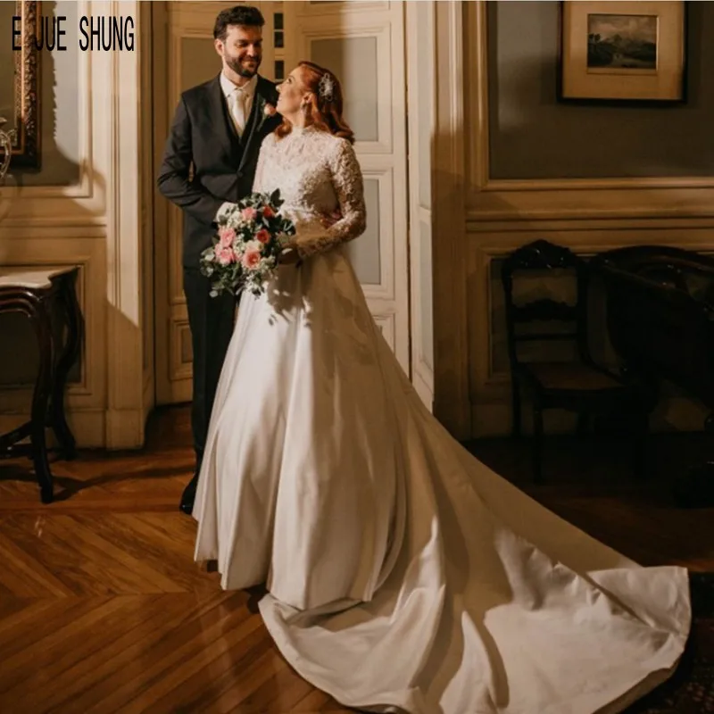 E JUE SHUNG Vintage Long Wedding Dresses Full Sleeves High Neck Lace Satin Bride Button Back Saudi Arabia Robe De Mariee | Свадьбы и