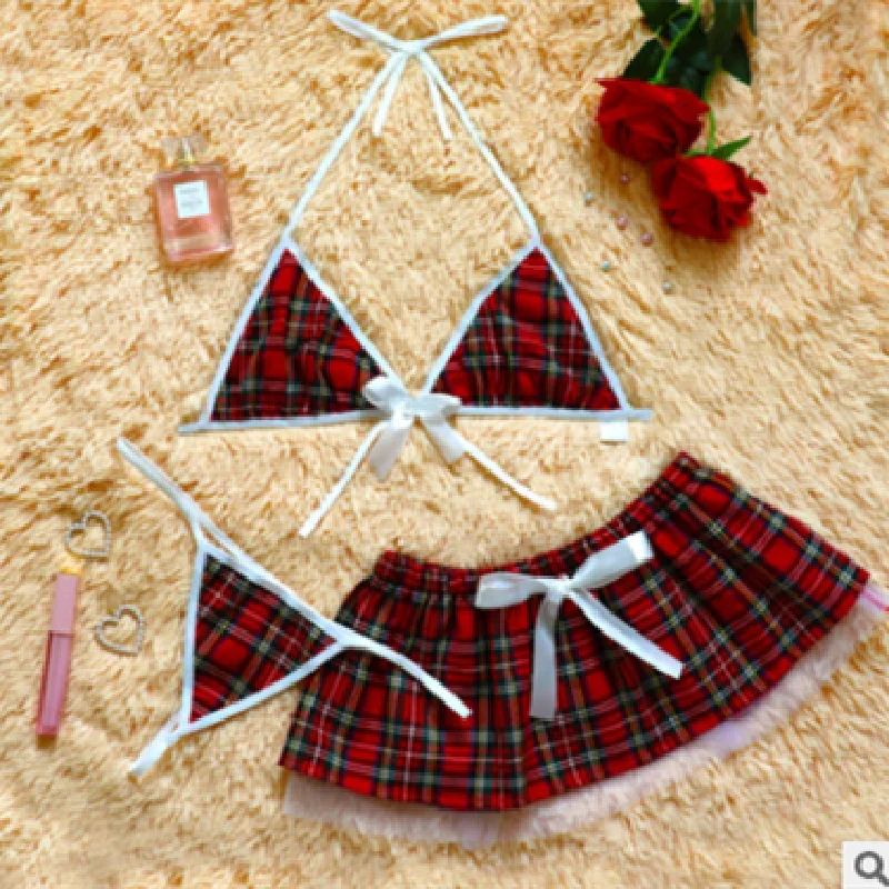 

5XL-3XL 3PCS Sexy Uniform Plaid Skirt Student Suit European and American Foreign Trade Temptation Red Bra&Pants