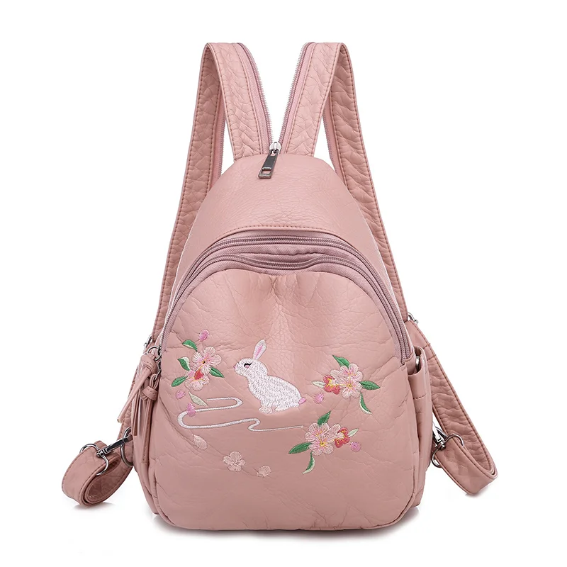 Pink-rabbit Мода 2-в-1 Для женщин рюкзак леди нагрудная сумка с женские зимние домашние тапочки с милыми кроличьими вышивкой; повседневная обувь на мягкой из искусственной кожи Большой Ёмкость китайский Стиль Mochila - Цвет: Pink-rabbit
