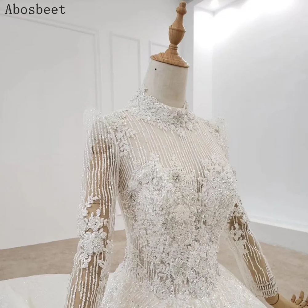 Luxury Fancy Beads Shining Ball Gown Wedding Dress 2021 New Long Sleeve Wedding Gown Elegant High Collar Cathedral Train 200CM