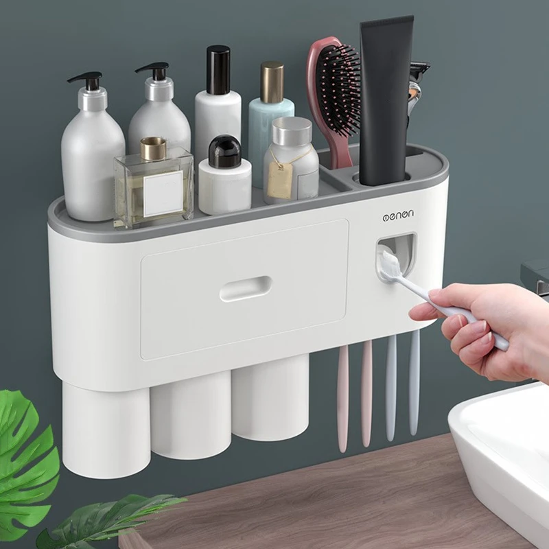 

Mengni Toothbrush Holder Wall Mount Magnetic Adsorption Inverted Cup Storage Rack With Toothpaste Squeezer Bathroom Accessories