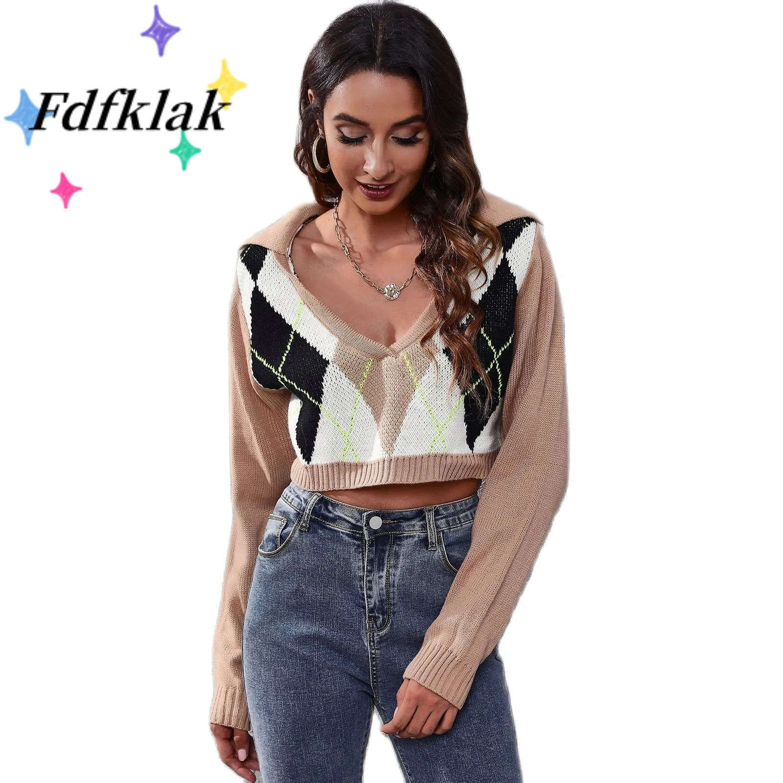 

Fdfklak Diamond Color Matching V-neck Short Knitted Sweater Women Clothing Loose Jumper Female Korean Tops Sueters De Mujer