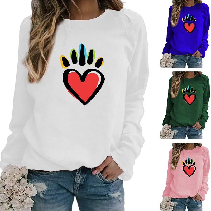 

Heart Printed Hoodies Women Fleece Long Sleeve O Neck Loose Sweatshirt Girls Pullovers Winter Kawaii Hoodie