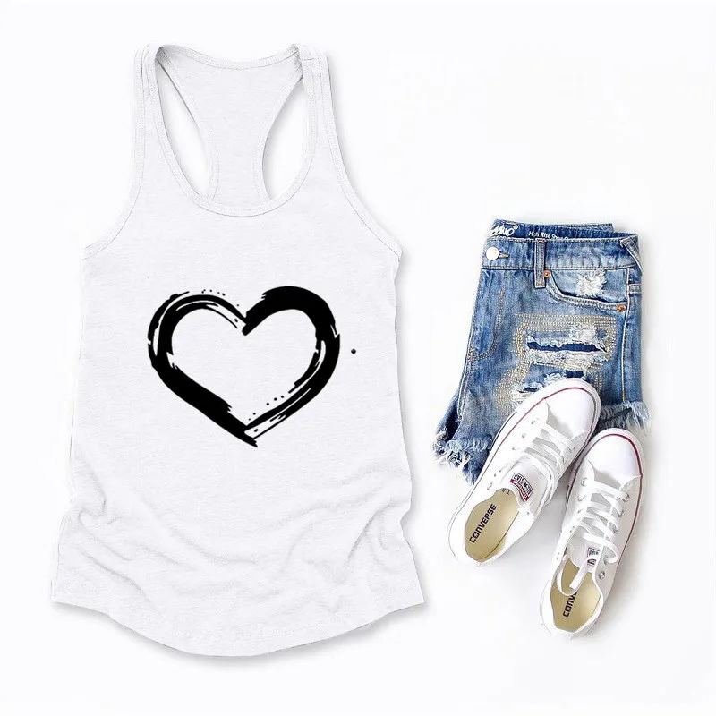 

Simple Black Heart Printed Crop Top Women Sleeveless O Neck Tank Top Summer Ladies Casual Loose Vest Haut Femme Ropa Mujer