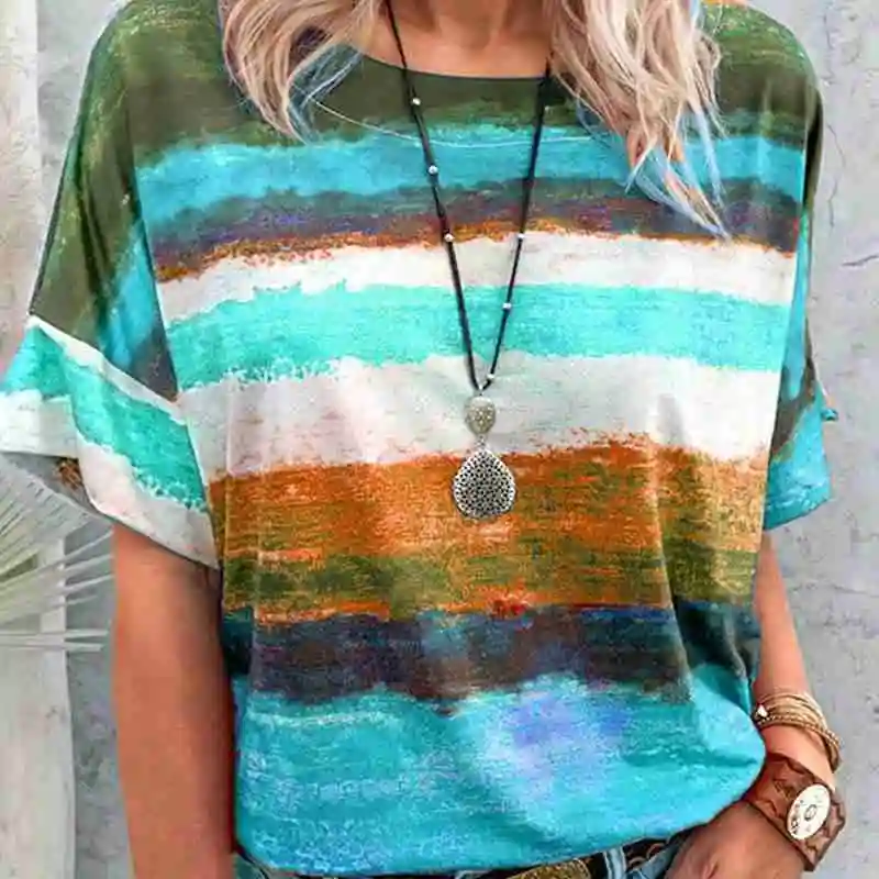 

Fashion Summer Woman Printed Short Sleeve T-Shirts Neck T-shirt Loose de Oversized Casual Female mujer Round Patchwork cami B8U1