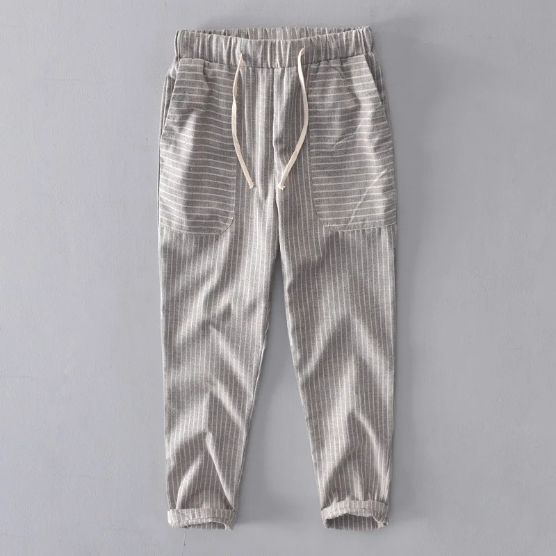 

2021 men's striped casual harem summer ankle length pants men linen cotton trousers for male