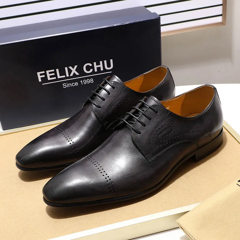 FELIX CHU/серые, коричневые Мужские модельные туфли-Броги из натуральной кожи, с закрытым носком, в стиле Дерби мужские деловые туфли на шнуровке