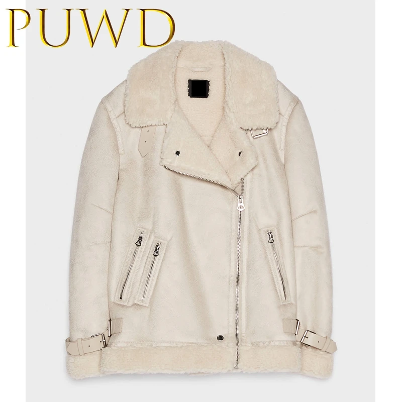 Женское свободное байкерское пальто PUWD белое с двойным мехом Осень-зима 2019 |