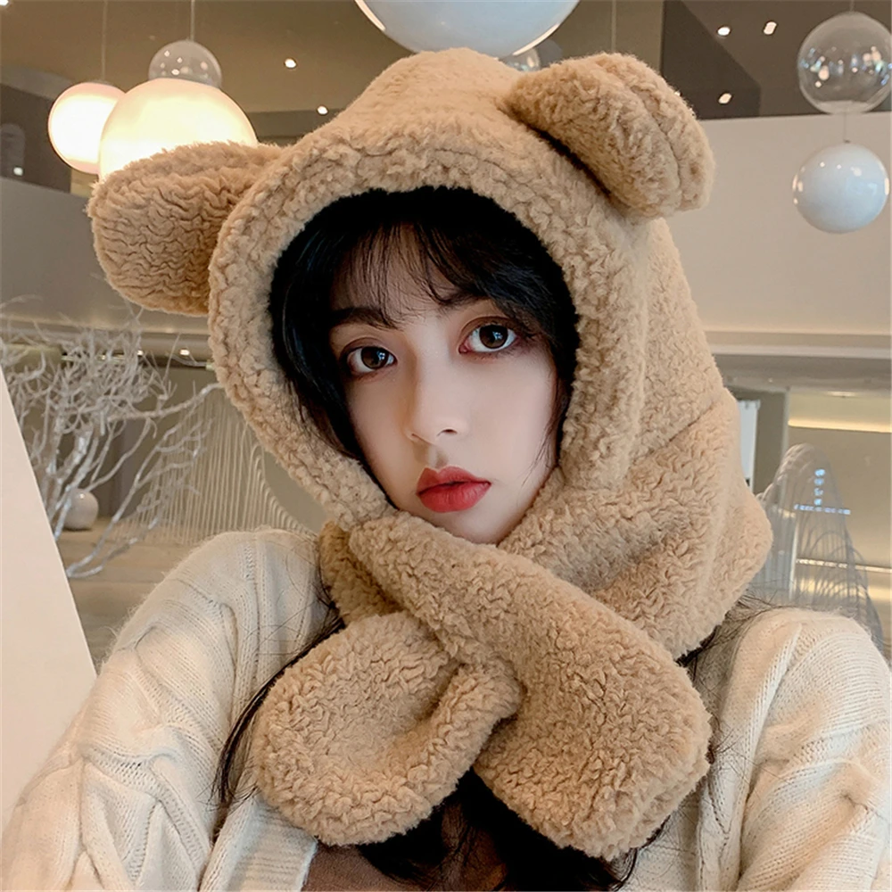 

Шапка с маленьким медведем Женская милая осенне-зимняя плюшевая Слитная шапка с дикими ушками шарф один комплект для сохранения тепла