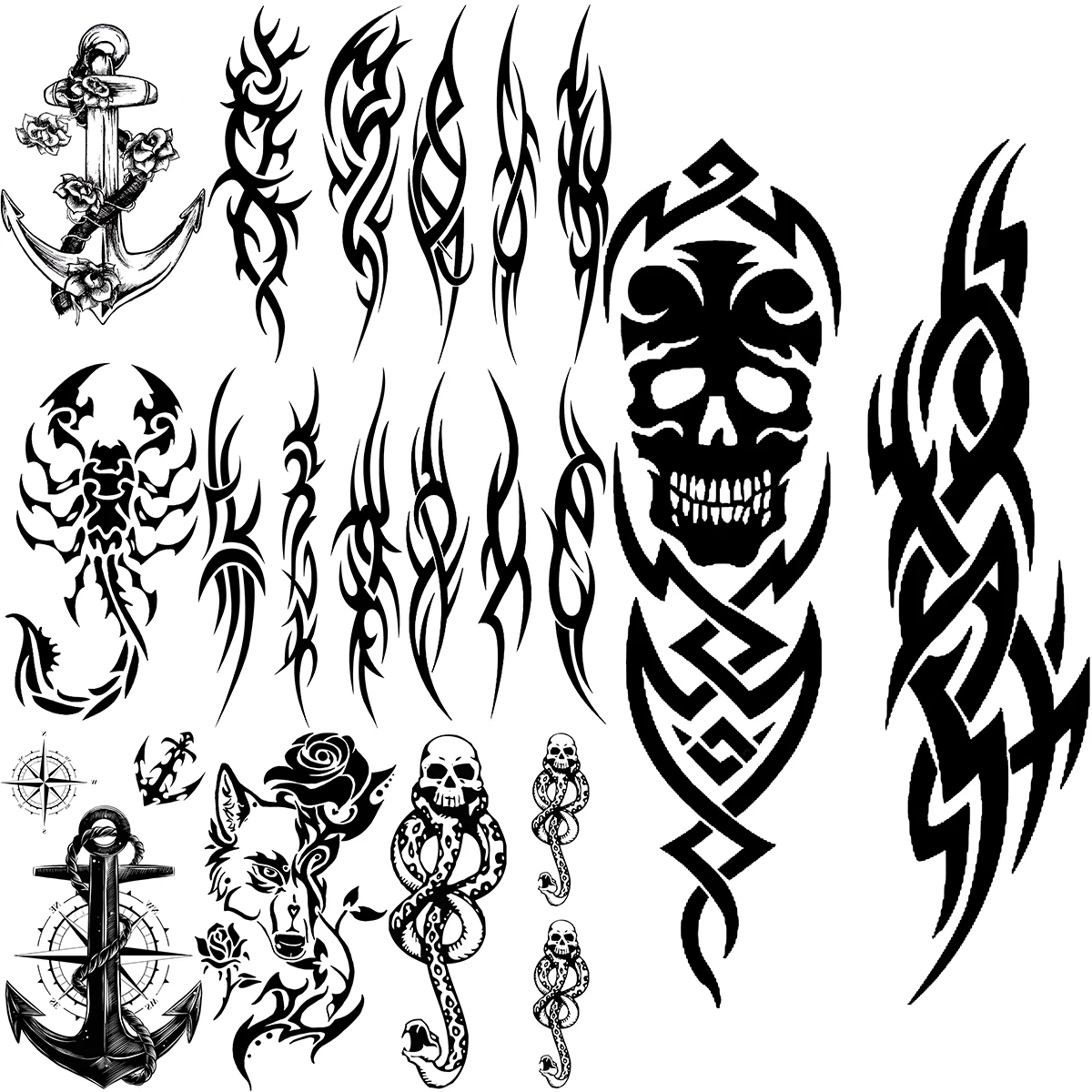 

Black Thorns Skull Temporary Tattoos For Men Adults Realistic Totem Spear Scorpion Snake Wolf Fake Tattoo Sticker Arm Leg Tatoos