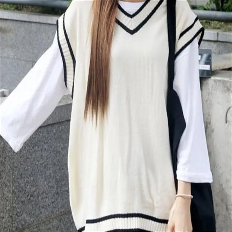 

Preppy Sweater Vest Autumn Women V Neck Sleeveless Striped Patchwork Knitted Korean Oversize Female Pullovers Waistcoats Tops