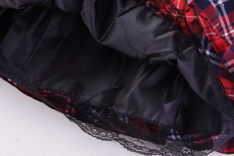 

S-XXXL Plus Size High Quality Preppy Style Women Uniform Skirt Red Plaid Lace Hem With Lining Elastic Waist Free shipping