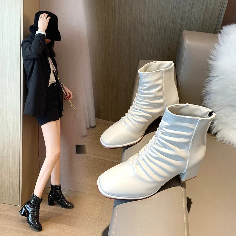 

Hot Women Martin Boots Square Toe Side Zipper 2021 New Arrivals Thick Mid Heels Ankle Boots Black/White/ Ladies Boots Size 35-39